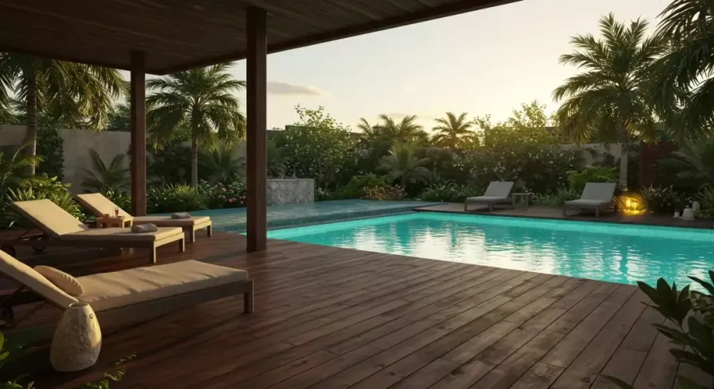 Création d'un coin détente avec terrasse bois autour de la piscine